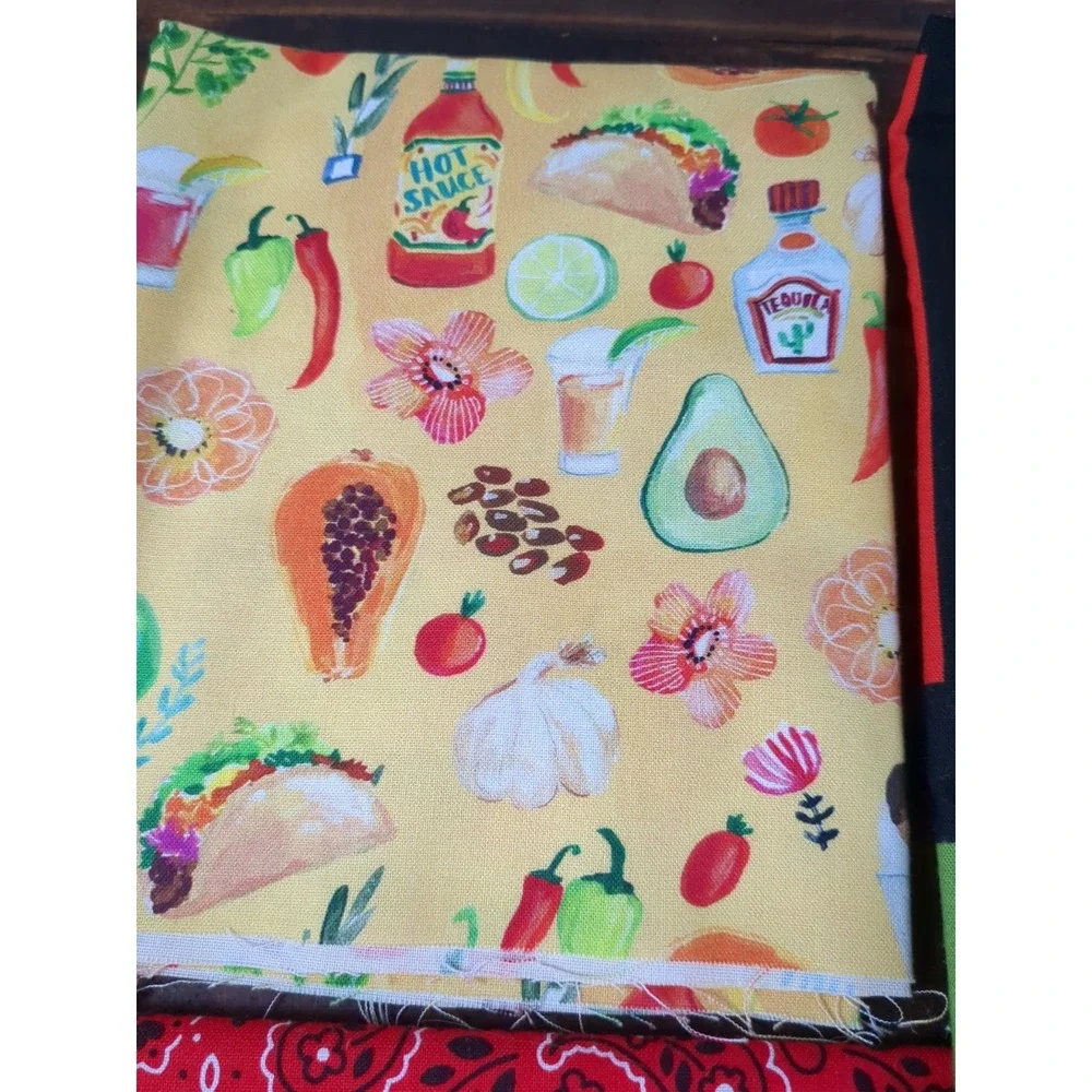 Lot of Fabric pizza burgers fruit‎ veggies knives paisley fries red, blue, black